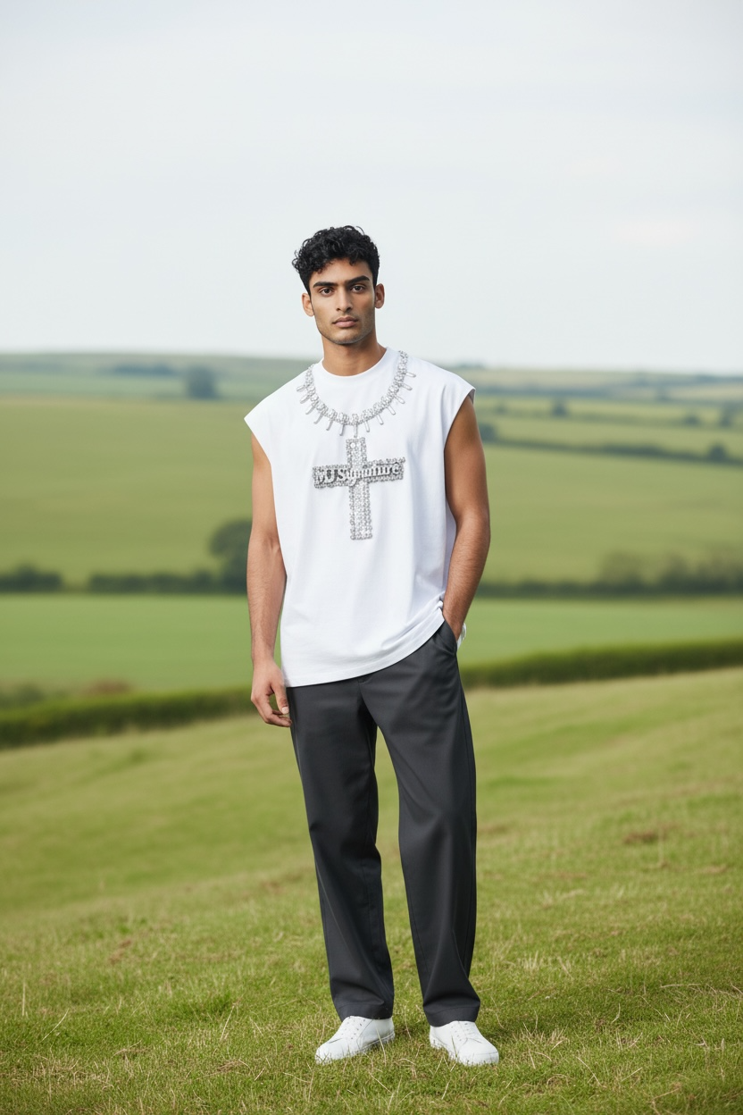 Rhinestone Cross Sleeveless T-Shirt – White.