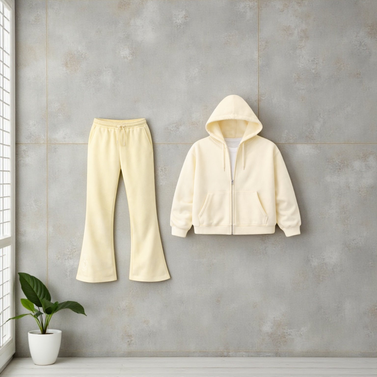 Cream Essential Zip Hoodie & Flared Jogger Set.