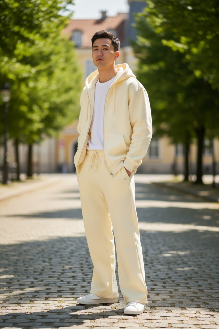Cream Essential Zip Hoodie & Flared Jogger Set.