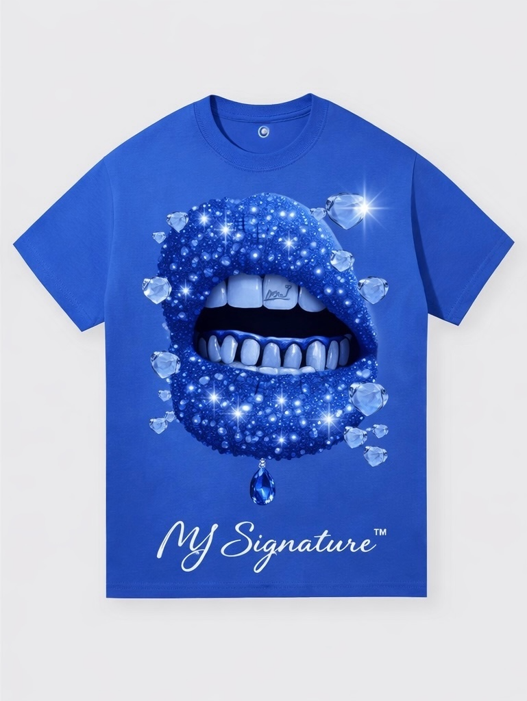 Product Title: "Iced Out Drip" Cobalt Blue Tee with Diamond Grills Graphic.