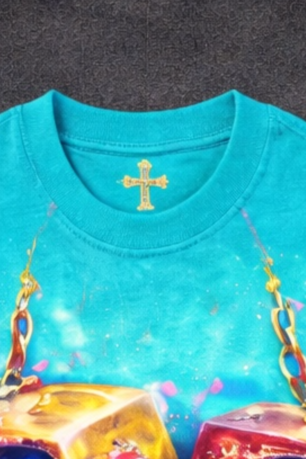 Turquoise t-shirt.
