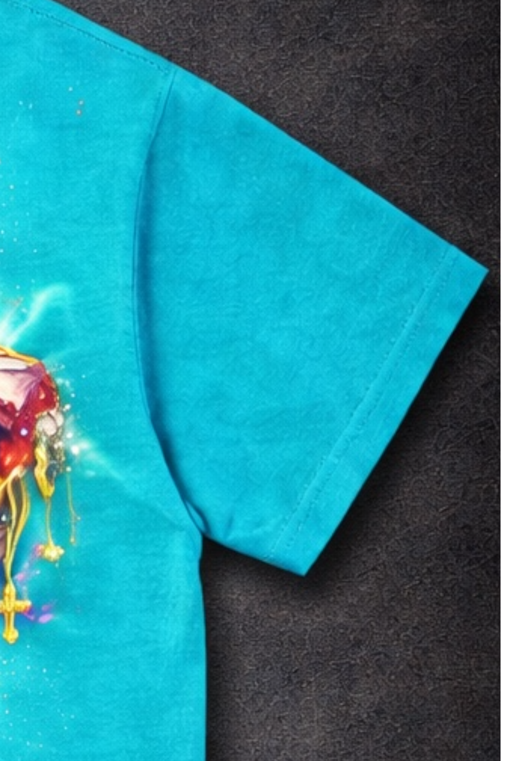 Turquoise t-shirt.