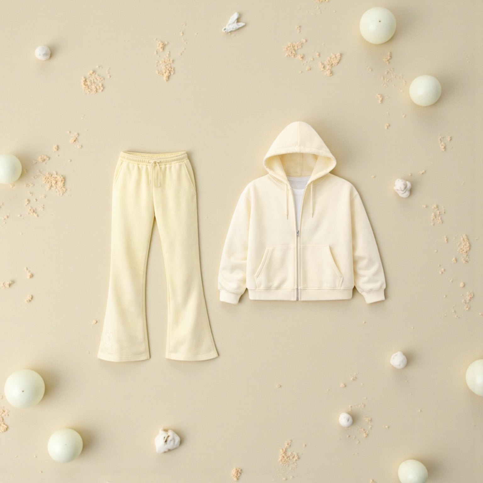 Cream Essential Zip Hoodie &amp; Flared Jogger Set.