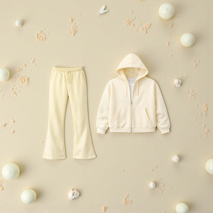 Cream Essential Zip Hoodie &amp; Flared Jogger Set.