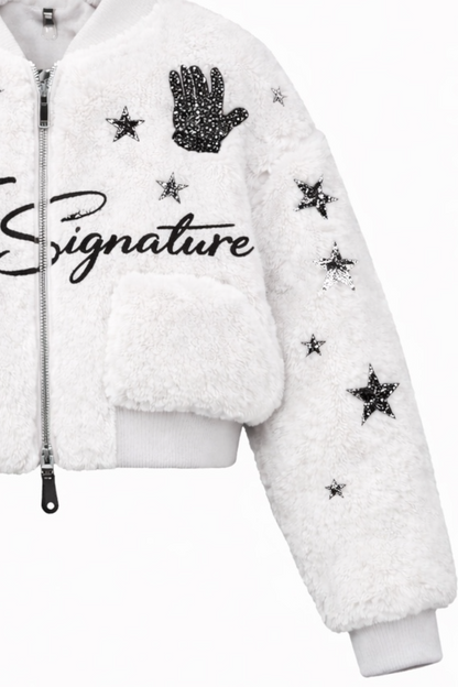 MJ Signature-Plush Bomber Jacket – White.