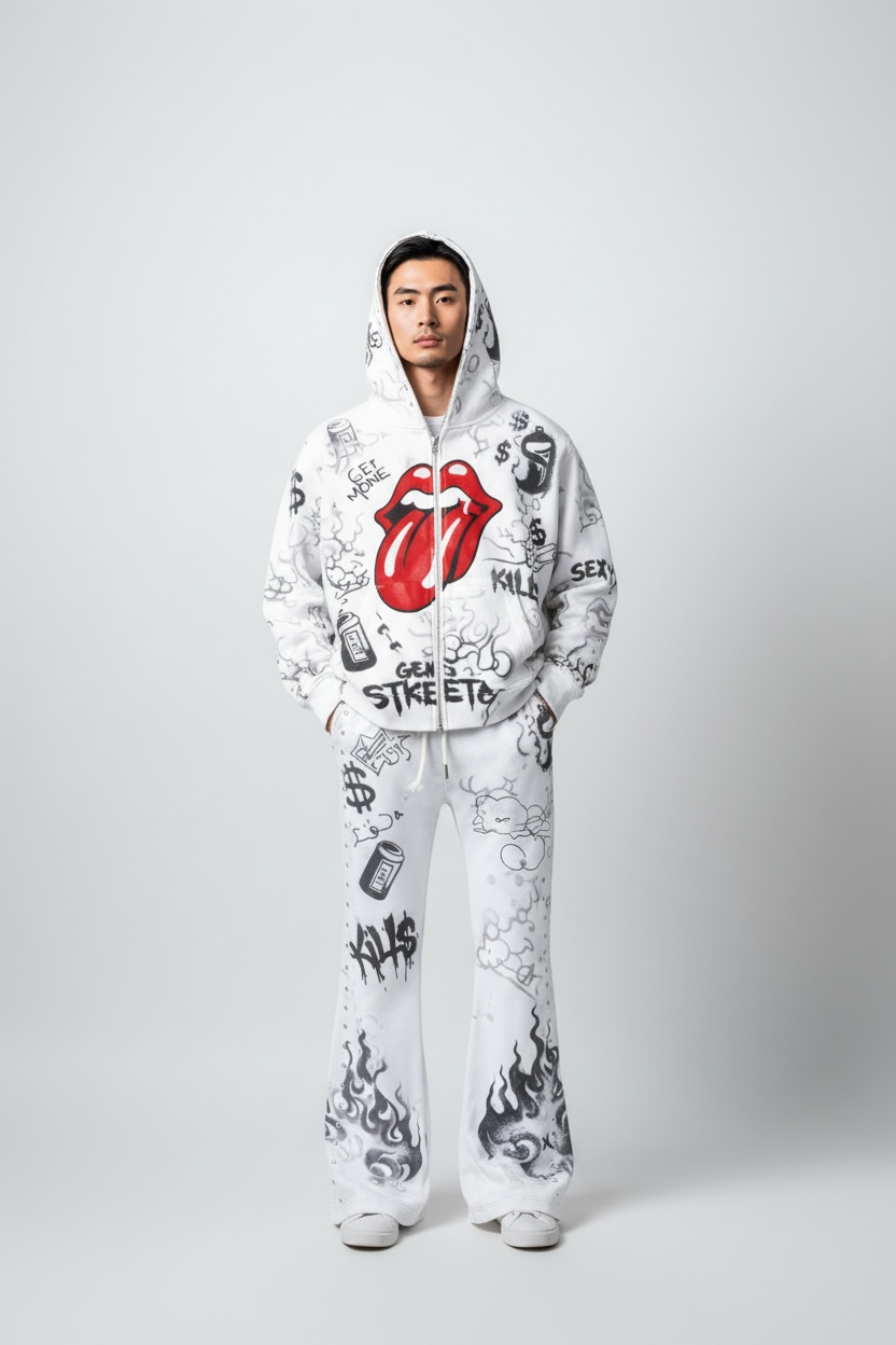 Graffiti Icon Hoodie &amp; Jogger Set – White.