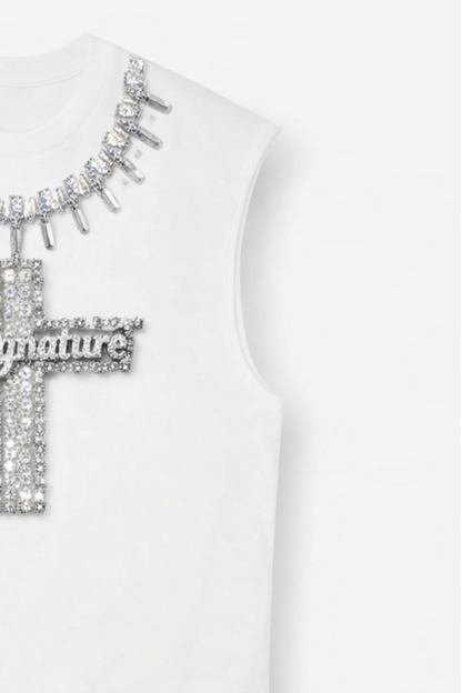 Rhinestone Cross Sleeveless T-Shirt – White.