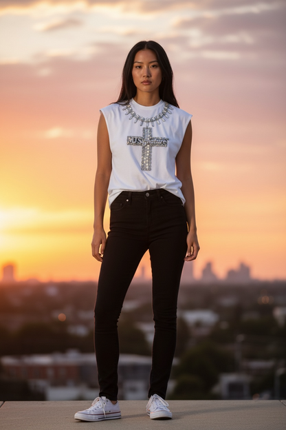 Rhinestone Cross Sleeveless T-Shirt – White.
