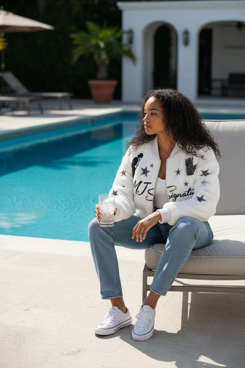 MJ Signature-Plush Bomber Jacket – White.