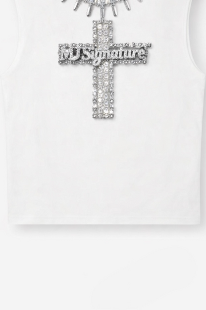 Rhinestone Cross Sleeveless T-Shirt – White.
