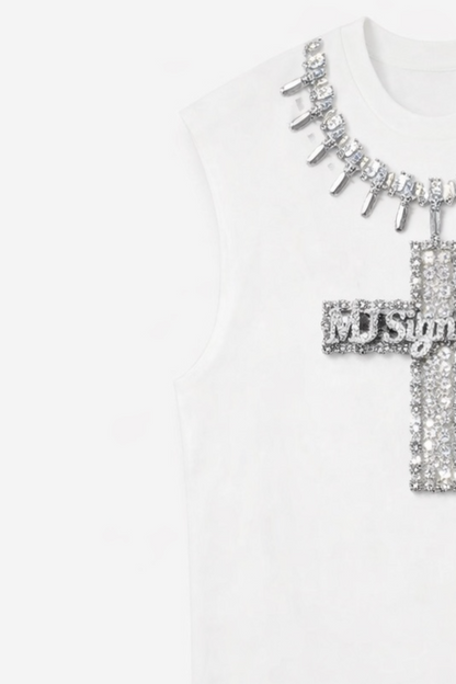 Rhinestone Cross Sleeveless T-Shirt – White.