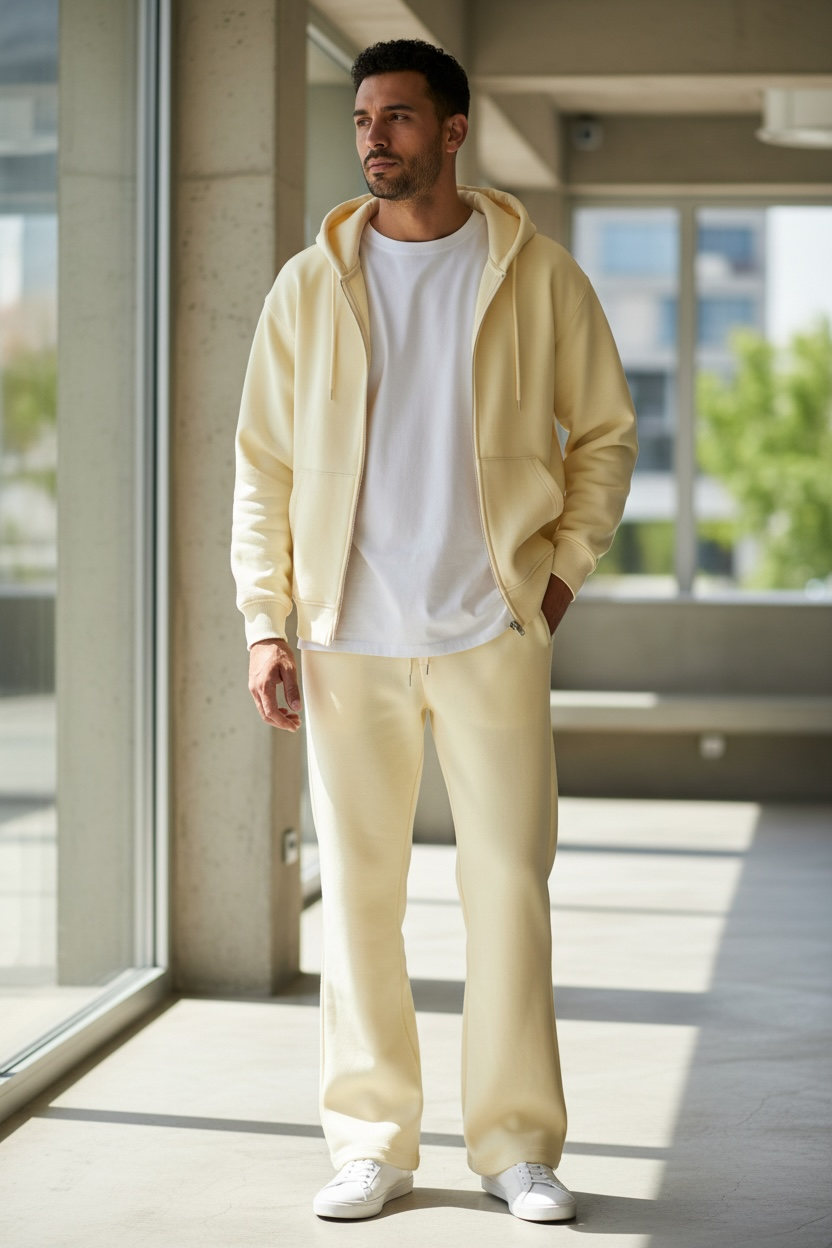 Cream Essential Zip Hoodie &amp; Flared Jogger Set.