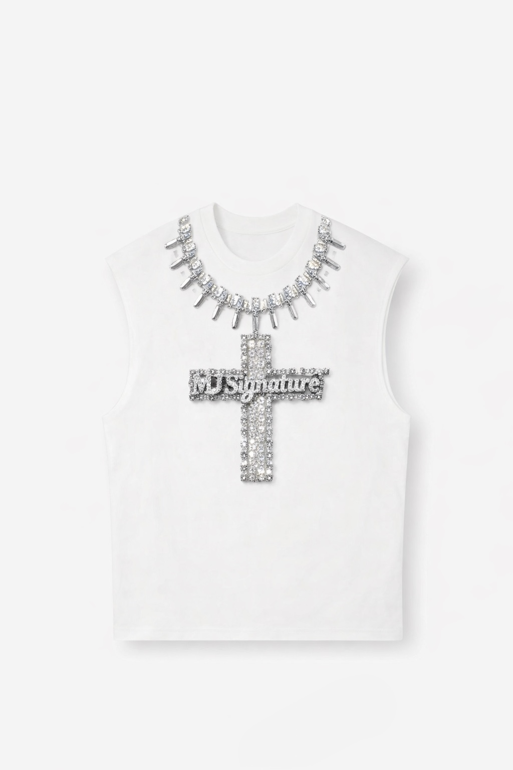 Rhinestone Cross Sleeveless T-Shirt – White.