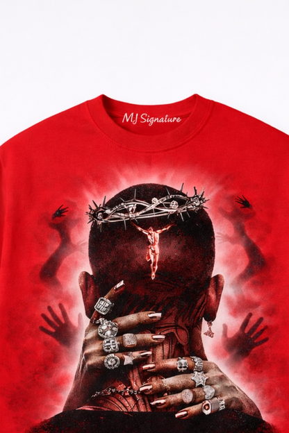 MJ Signature™ “Crowned in Sacrifice” Graphic T-Shirt – Red Edition.