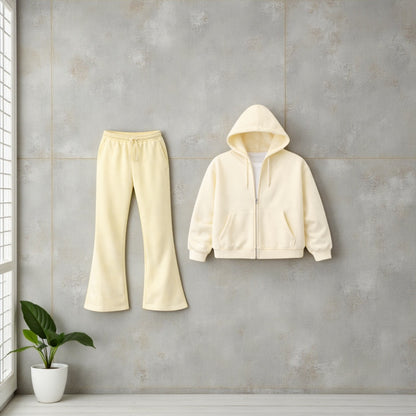 Cream Essential Zip Hoodie &amp; Flared Jogger Set.