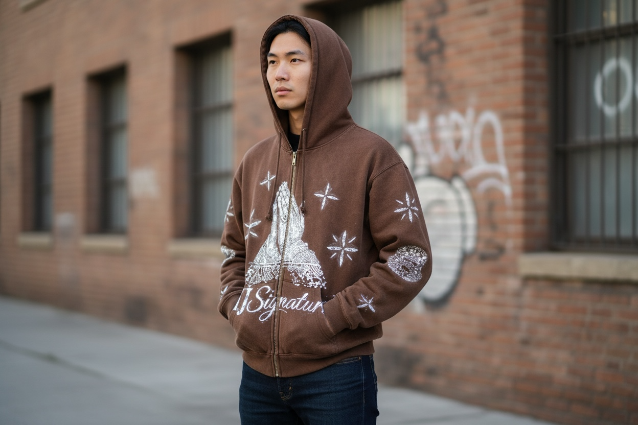 MJ Signature Crystal Zip Hoodie – Brown.