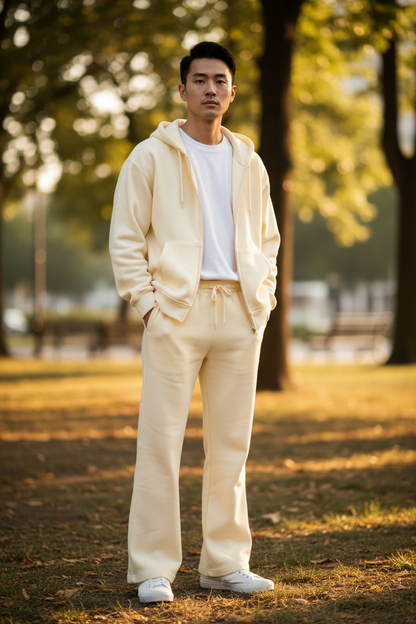 Cream Essential Zip Hoodie &amp; Flared Jogger Set.