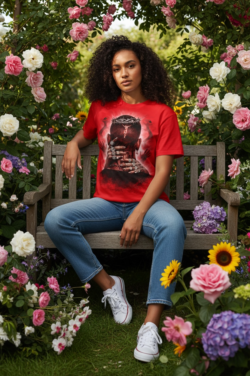 MJ Signature™ “Crowned in Sacrifice” Graphic T-Shirt – Red Edition.
