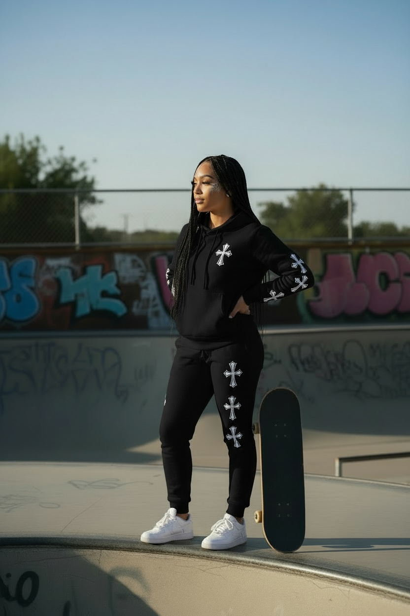 Chrome Hearts Women’s Hoodie & Joggers Set/Black Set.