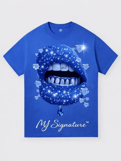 Product Title: "Iced Out Drip" Cobalt Blue Tee with Diamond Grills Graphic.