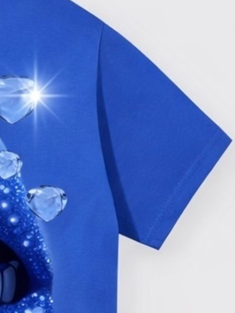 Product Title: "Iced Out Drip" Cobalt Blue Tee with Diamond Grills Graphic.