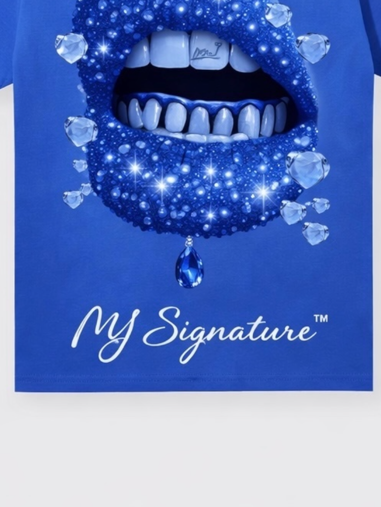 Product Title: "Iced Out Drip" Cobalt Blue Tee with Diamond Grills Graphic.