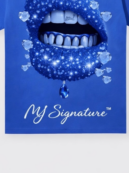 Product Title: "Iced Out Drip" Cobalt Blue Tee with Diamond Grills Graphic.