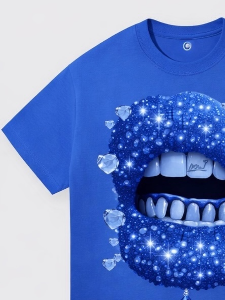 Product Title: "Iced Out Drip" Cobalt Blue Tee with Diamond Grills Graphic.
