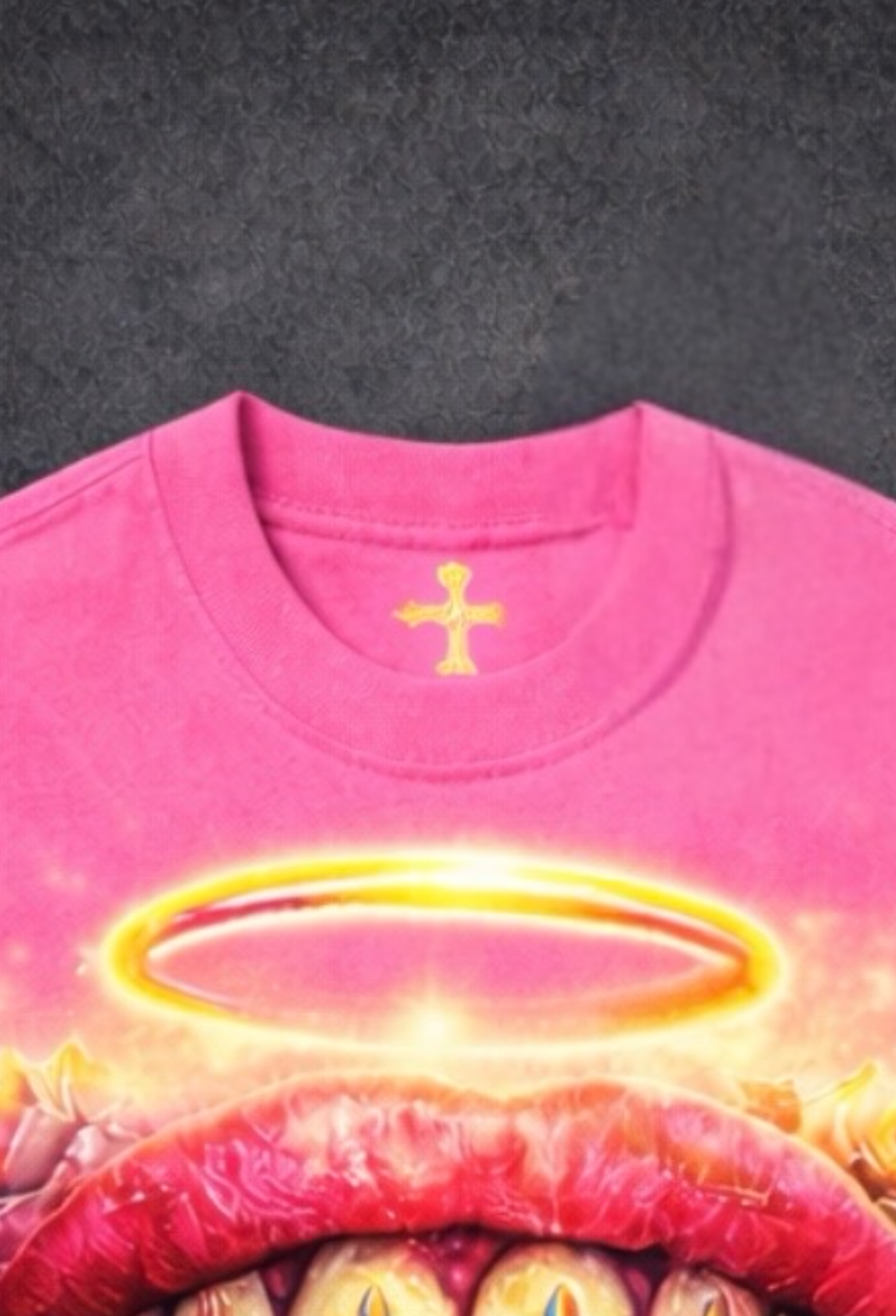Halo Rosary Lip Graphic T-Shirt.
