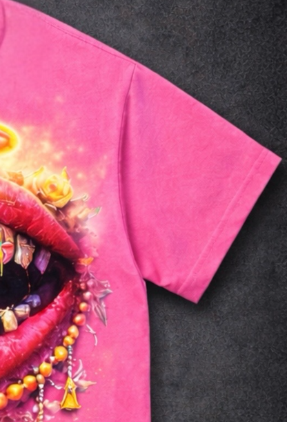 Halo Rosary Lip Graphic T-Shirt.