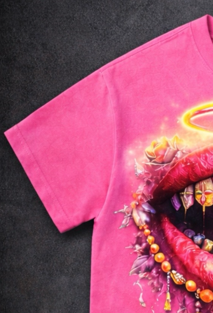 Halo Rosary Lip Graphic T-Shirt.