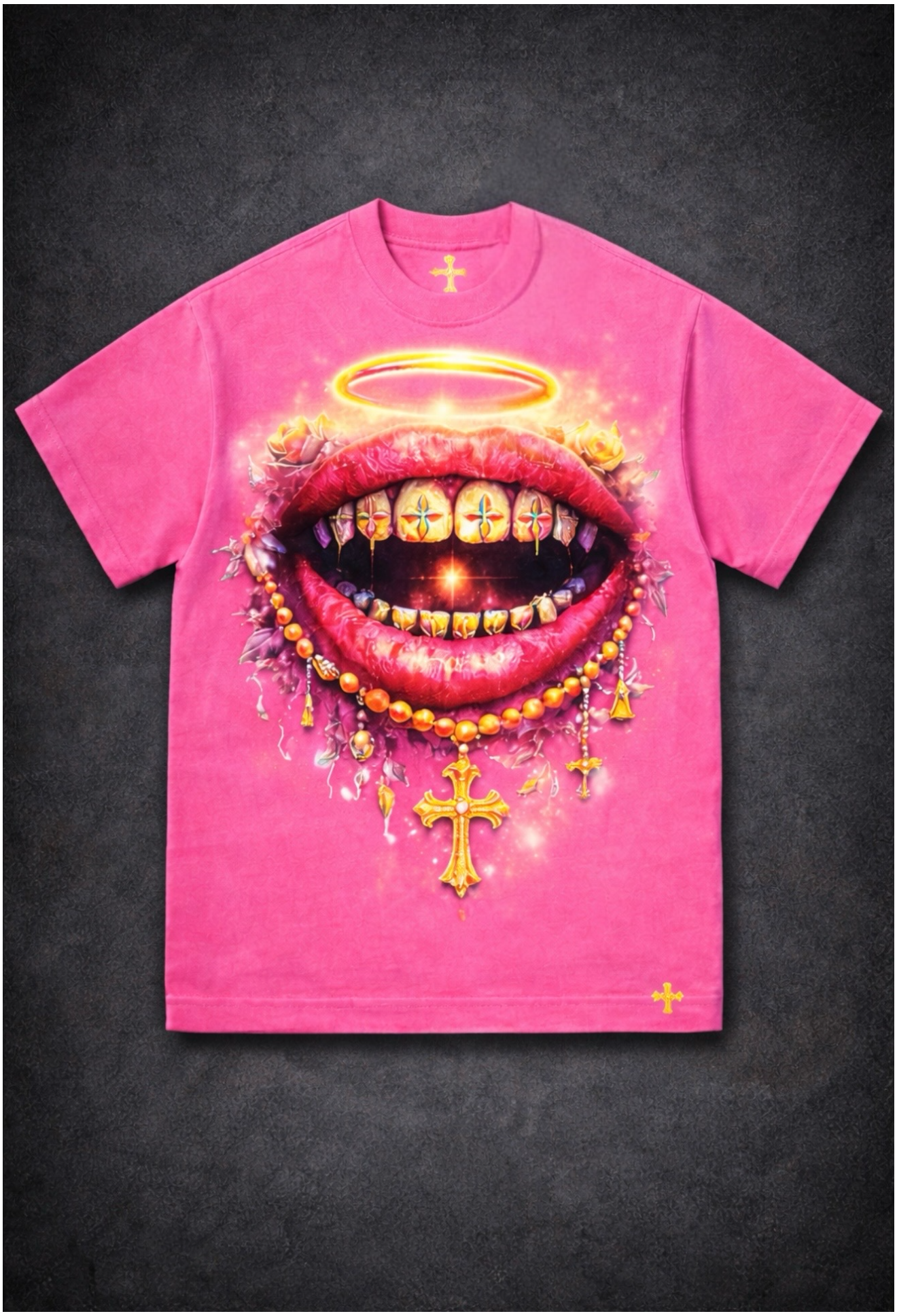 Halo Rosary Lip Graphic T-Shirt.