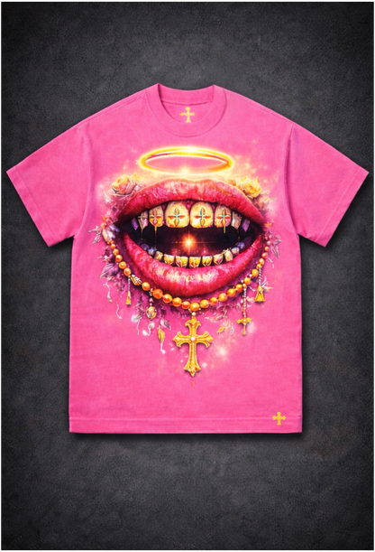 Halo Rosary Lip Graphic T-Shirt.