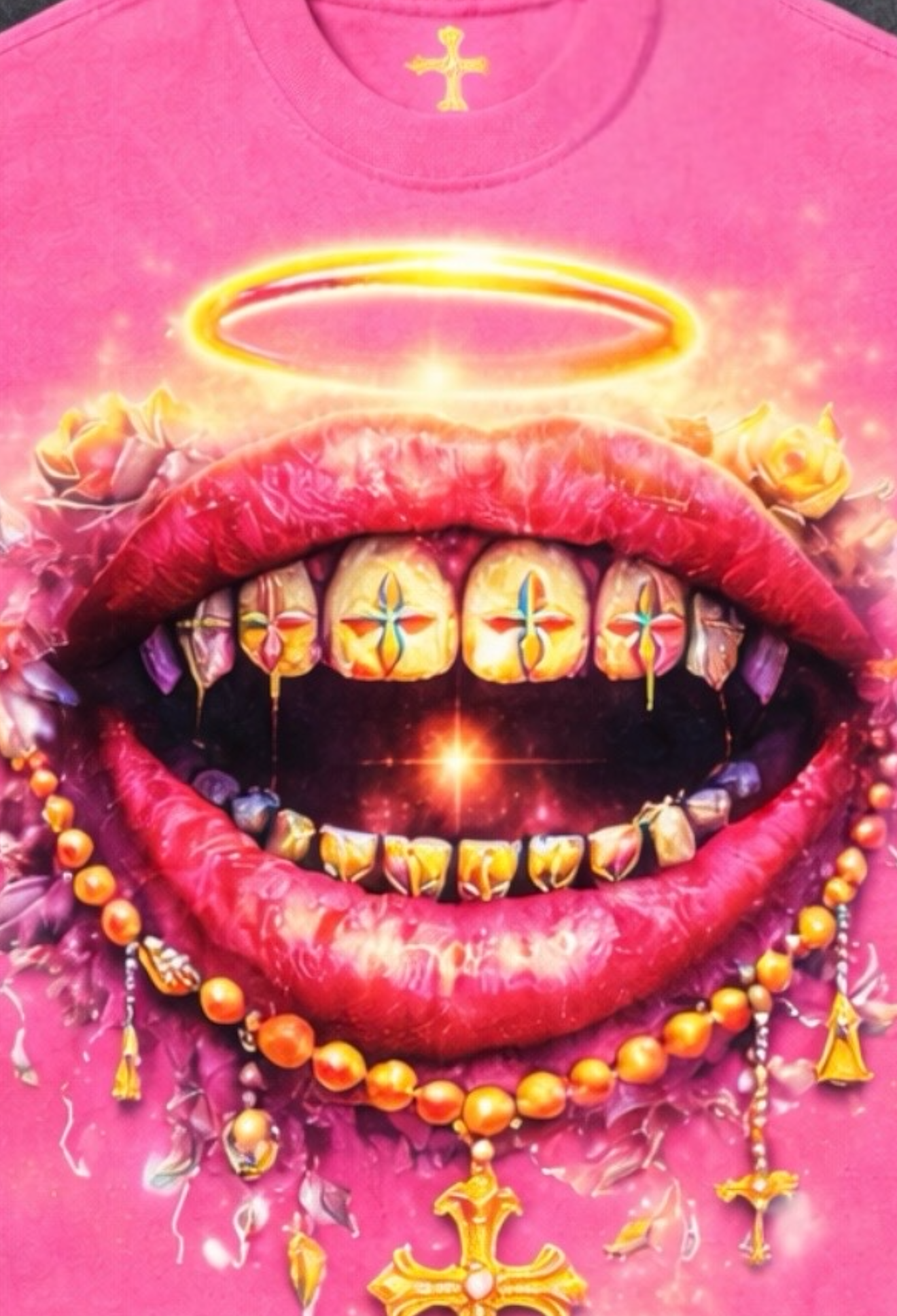 Halo Rosary Lip Graphic T-Shirt.