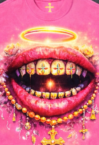 Halo Rosary Lip Graphic T-Shirt.