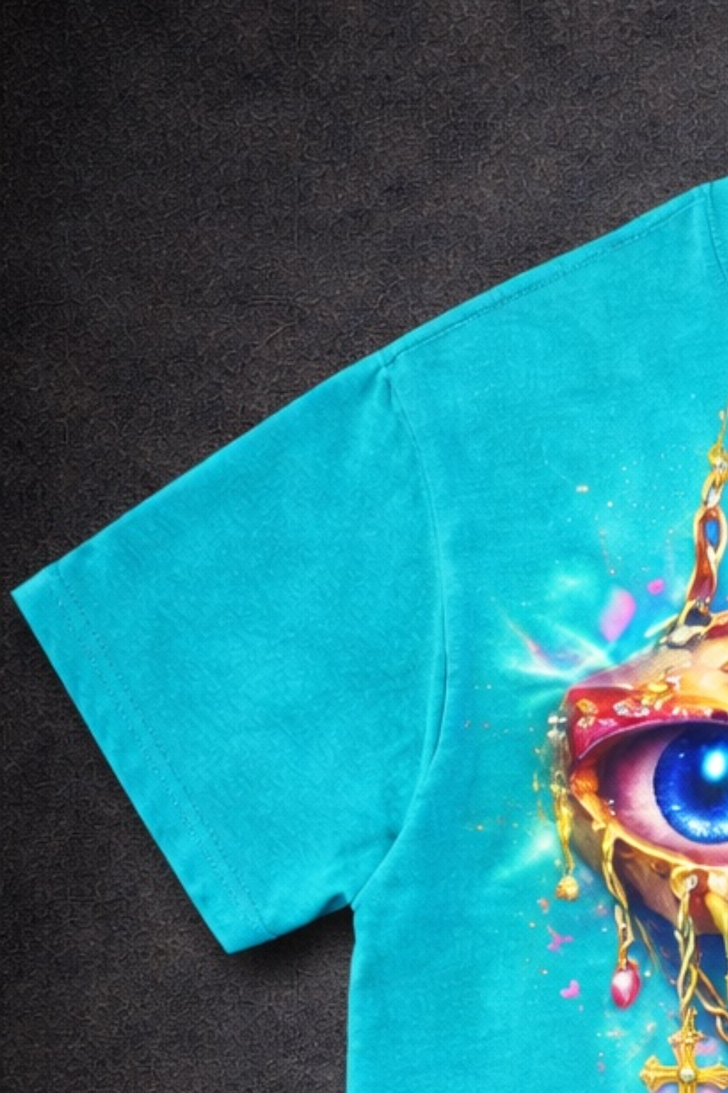 Turquoise t-shirt.