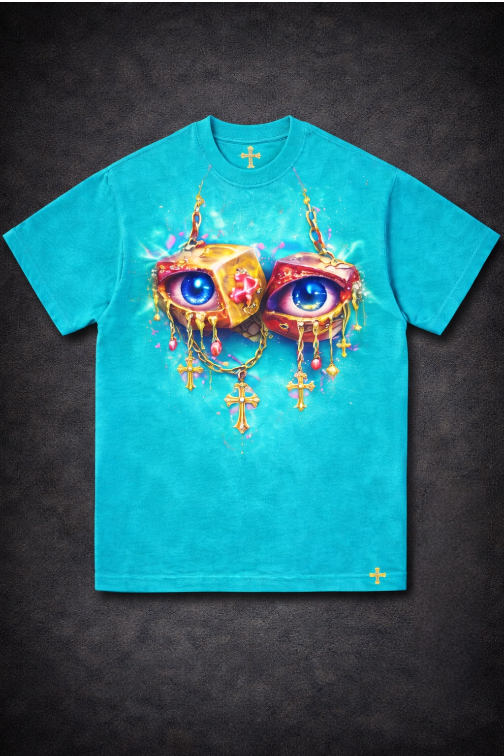 Turquoise t-shirt.