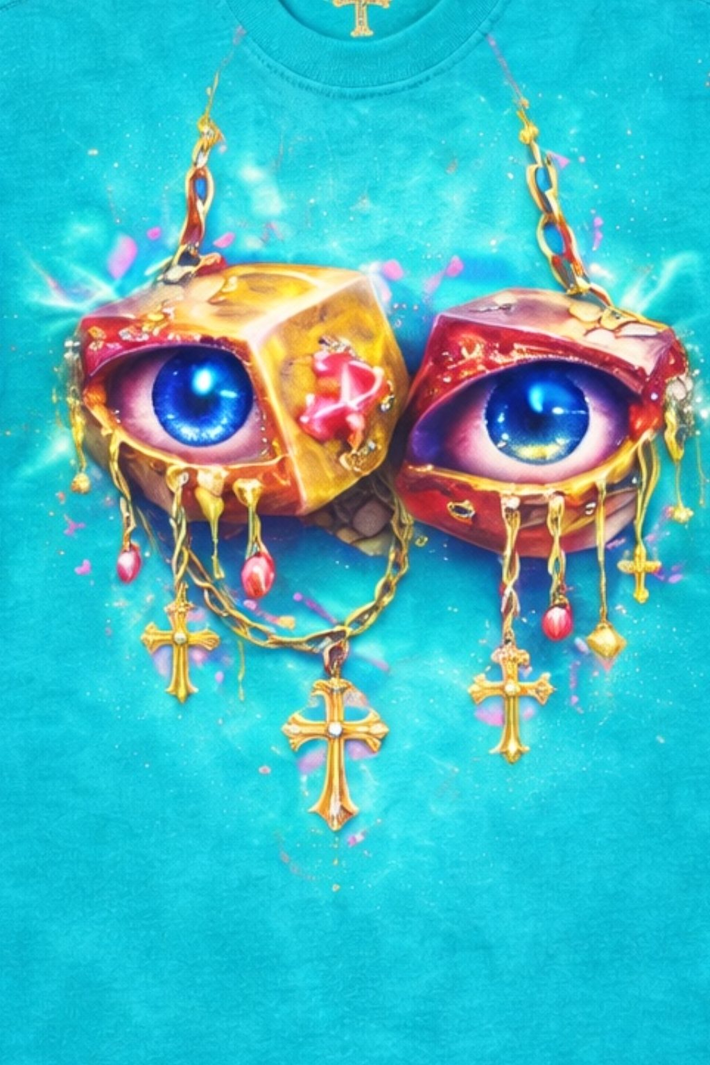 Turquoise t-shirt.