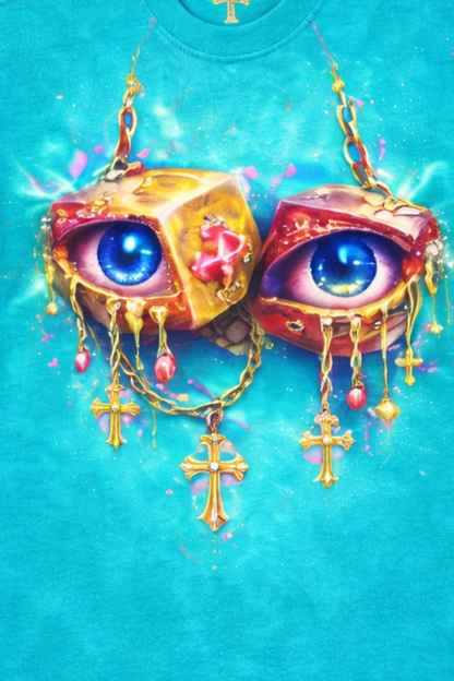 Turquoise t-shirt.