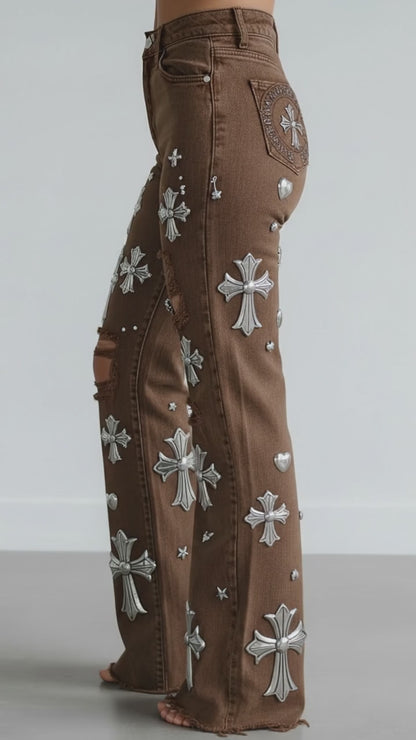 Chrome Hearts Women’s Denim Jeans/Brown Set.